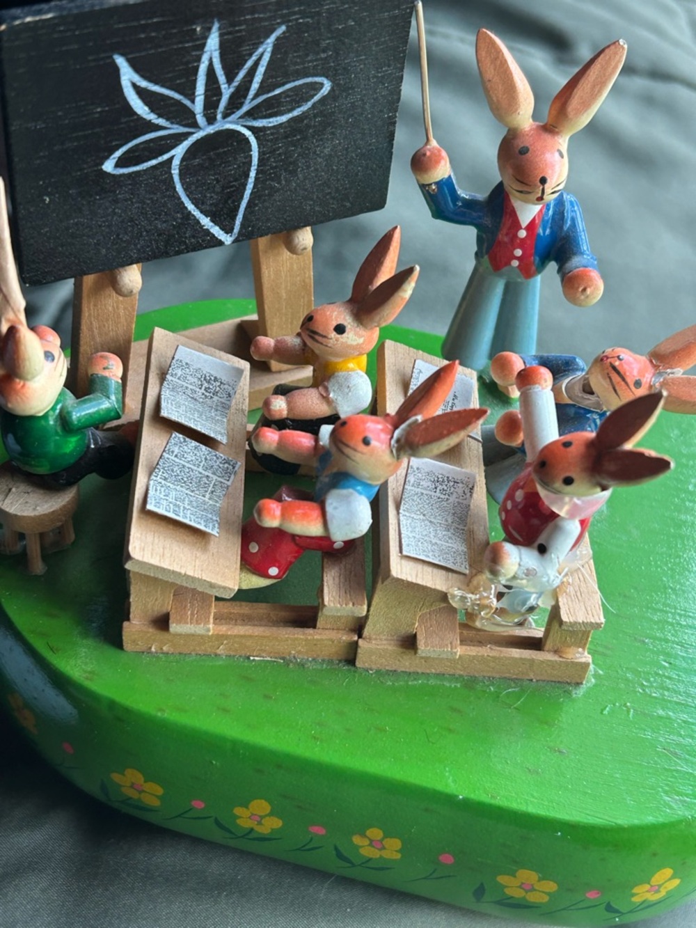 vintage Enesco 1982 school days music box. Works. Bunnies In The School h: 5.5”